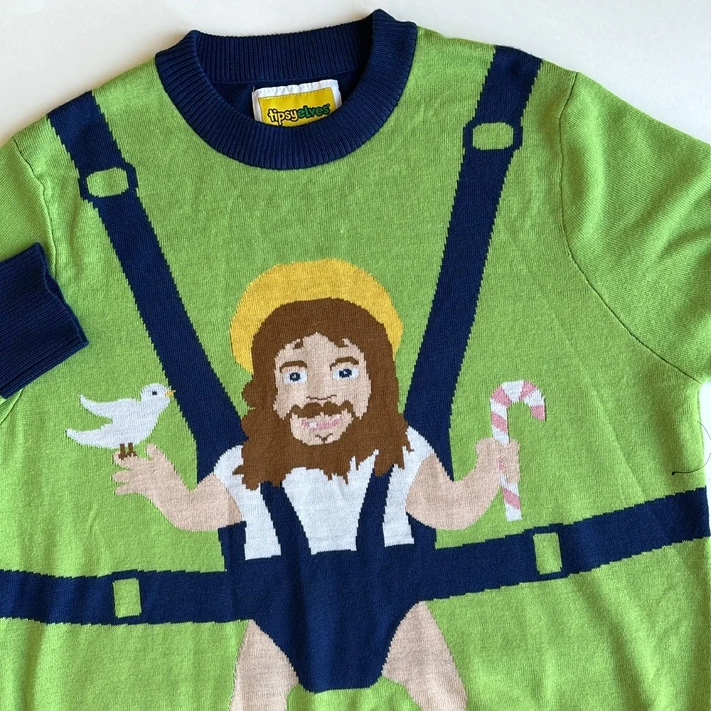 Tipsyelves Green Blue Funny‎ Ugly Christmas Crewneck Sweater Men’s Size XL NEW